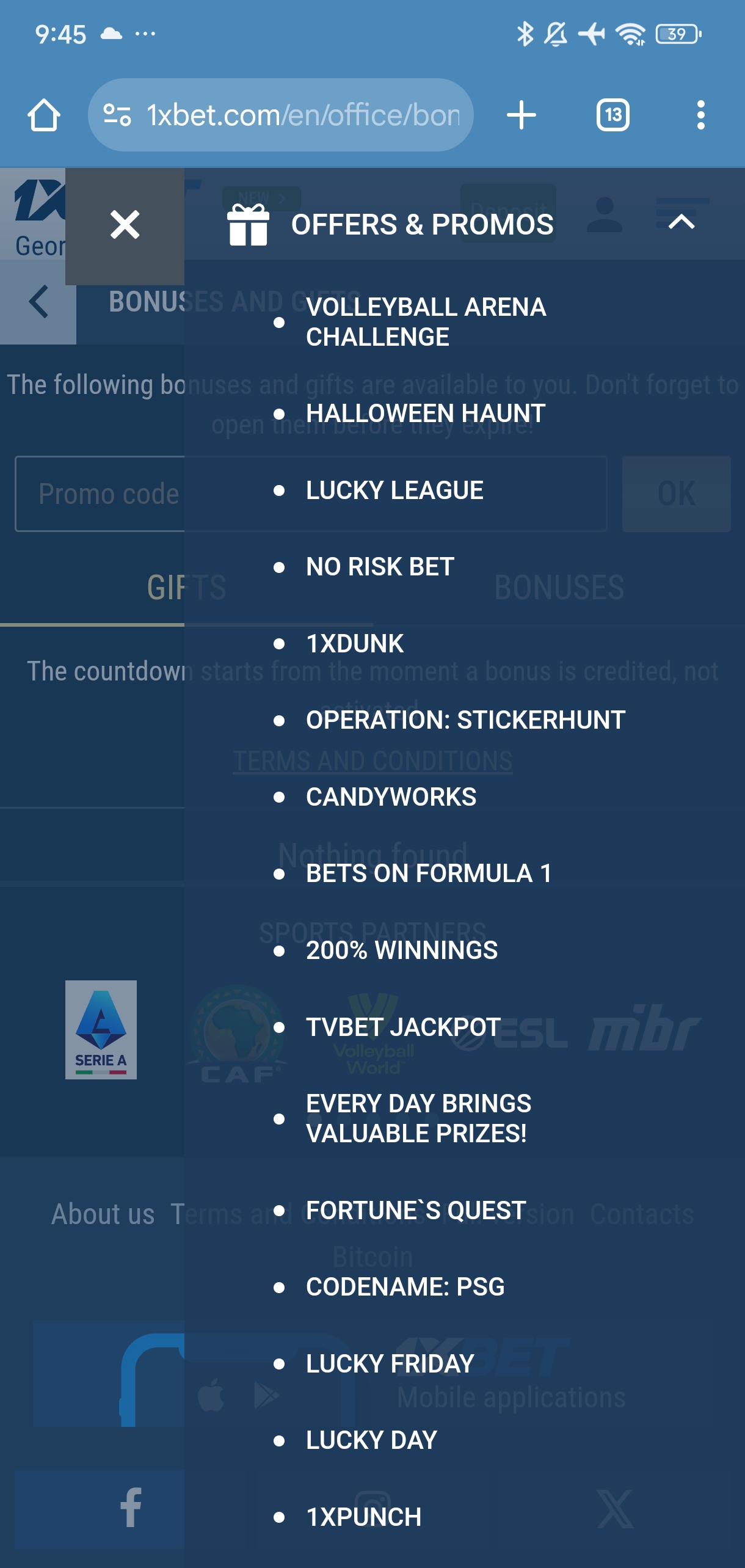 Promotions and Bonus Section on 1xBet