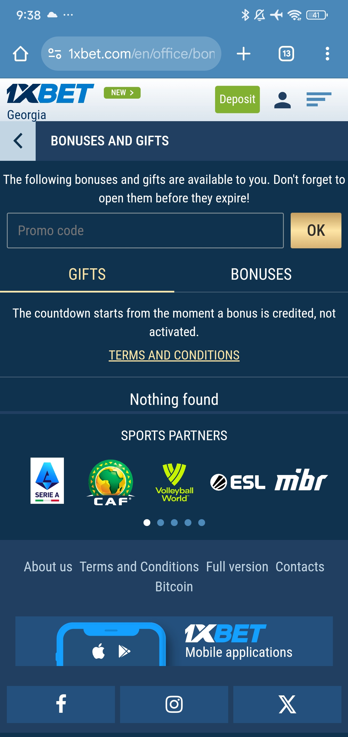 Entering Promo Code in the Personal Account on 1xBet