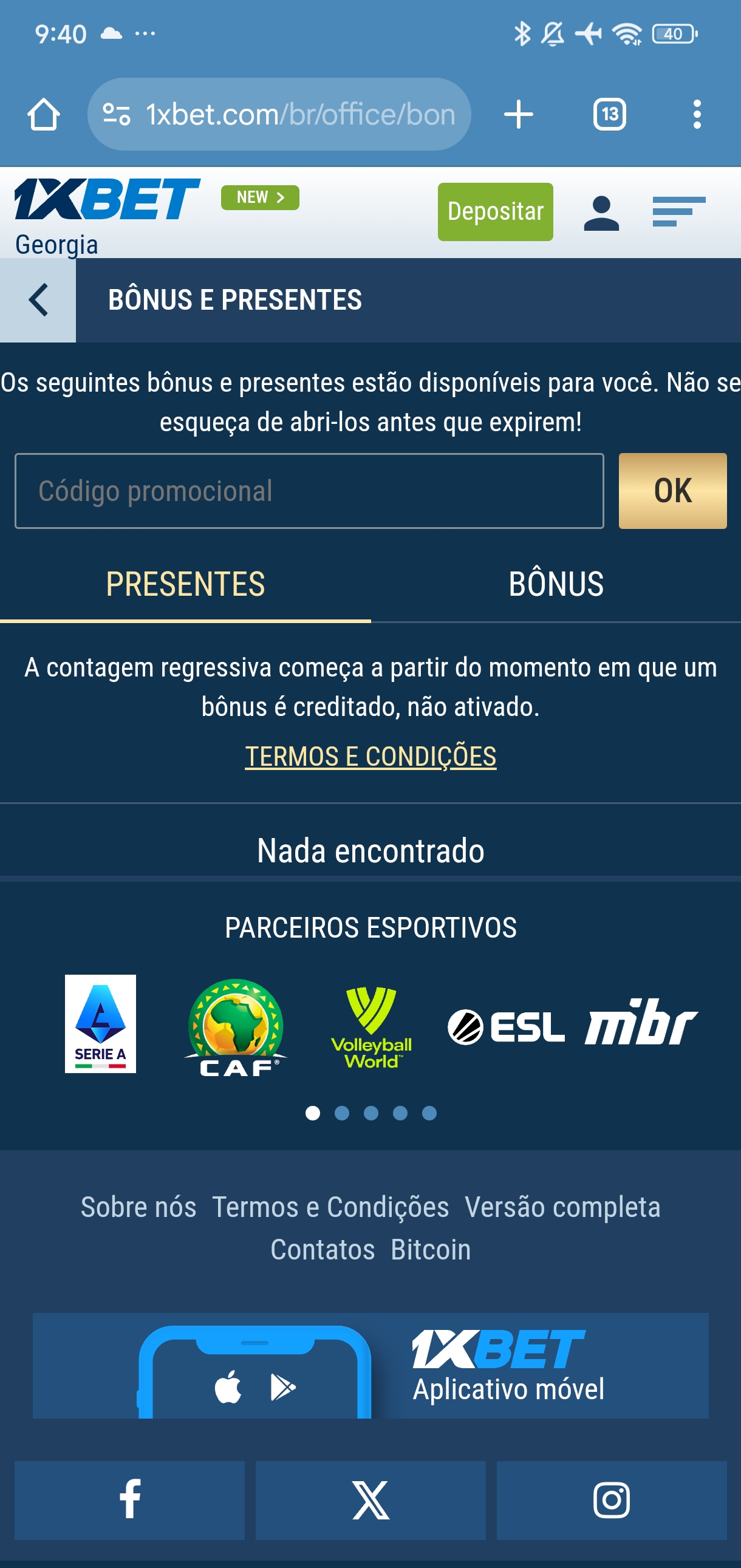 Seção de Promoções e Bônus no 1xBet