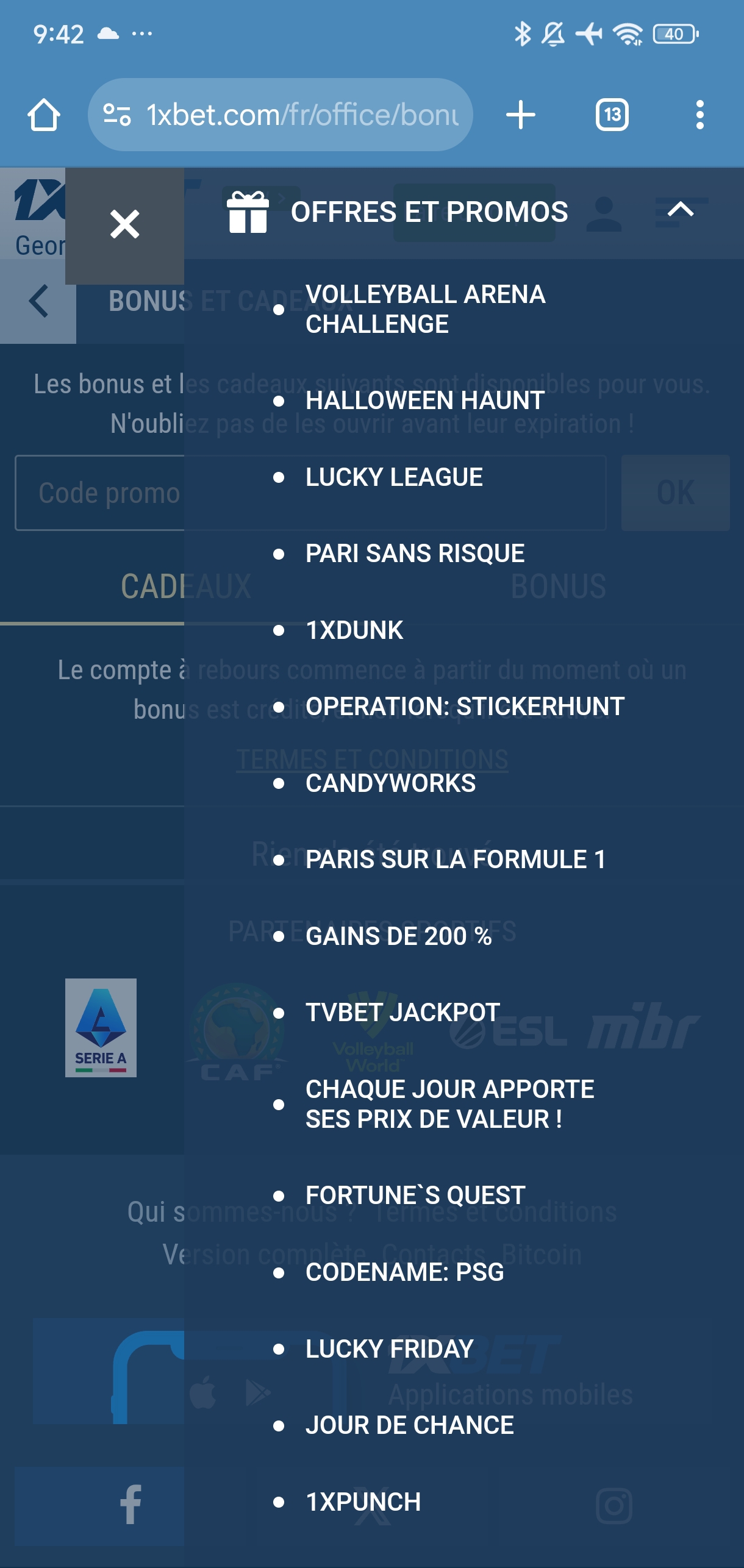 Section Promotions et Bonus sur 1xBet